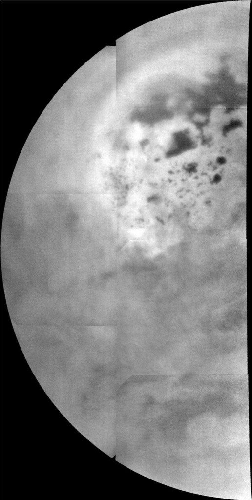 Almost all of the hydrocarbon seas and lakes on the surface of Saturn's moon Titan cluster around the north pole, as can be seen in this mosaic from NASA's Cassini mission. This mosaic, made from near-infrared images of Titan obtained by Cassini's imaging science subsystem, shows a view from the north pole (upper middle of mosaic) down to near the equator at the bottom. Image credit: NASA/JPL-Caltech/SSI/JHUAPL/Univ. of Arizona Almost all of the hydrocarbon seas and lakes on the surface of Saturn's moon Titan cluster around the north pole, as can be seen in this mosaic from NASA's Cassini mission. This mosaic, made from near-infrared images of Titan obtained by Cassini's imaging science subsystem, shows a view from the north pole (upper middle of mosaic) down to near the equator at the bottom. Image credit: NASA/JPL-Caltech/SSI/JHUAPL/Univ. of Arizona