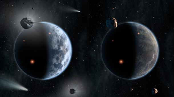 This artist's concept illustrates the fate of two different planets: the one on the left is similar to Earth, made up largely of silicate-based rocks with oceans coating its surface. The one on the right is rich in carbon -- and dry. Chances are low that life as we know it, which requires liquid water, would thrive under such barren conditions. Image credit: NASA/JPL-Caltech This artist's concept illustrates the fate of two different planets: the one on the left is similar to Earth, made up largely of silicate-based rocks with oceans coating its surface. The one on the right is rich in carbon -- and dry. Chances are low that life as we know it, which requires liquid water, would thrive under such barren conditions. Image credit: NASA/JPL-Caltech