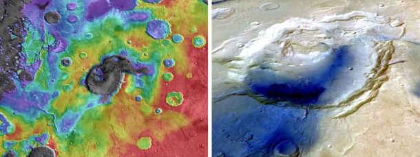 New research suggests a volcano, not a large impact, may have formed Mars' Eden Patera basin. Left: Reds, yellows show higher elevations in the basin and surrounding area; blues, grays show lower elevations. Right: The dark color indicates younger material draped across the Eden Patera depression. Image Credit: NASA/JPL/Goddard (left) and ESA (right) New research suggests a volcano, not a large impact, may have formed Mars' Eden Patera basin. Left: Reds, yellows show higher elevations in the basin and surrounding area; blues, grays show lower elevations. Right: The dark color indicates younger material draped across the Eden Patera depression. Image Credit: NASA/JPL/Goddard (left) and ESA (right)