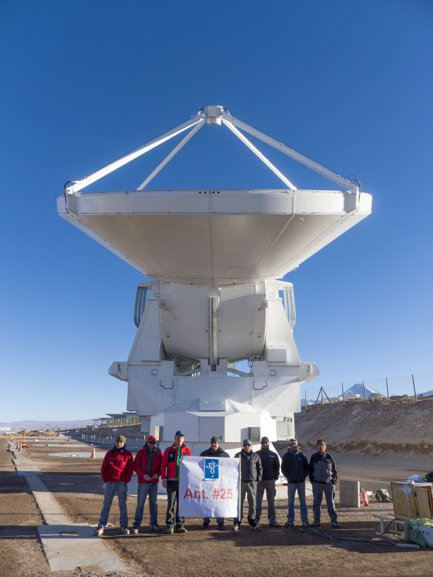 This picture shows the final antenna for the Atacama Large Millimeter/submillimeter Array (ALMA) project, just before it was handed over to the ALMA Observatory. The 12-metre-diameter dish was manufactured by the European AEM Consortium and also marks the successful delivery of a total of 25 European antennas — the largest ESO contract so far. Credit: ESO/C. Pontoni This picture shows the final antenna for the Atacama Large Millimeter/submillimeter Array (ALMA) project, just before it was handed over to the ALMA Observatory. The 12-metre-diameter dish was manufactured by the European AEM Consortium and also marks the successful delivery of a total of 25 European antennas — the largest ESO contract so far. Credit: ESO/C. Pontoni