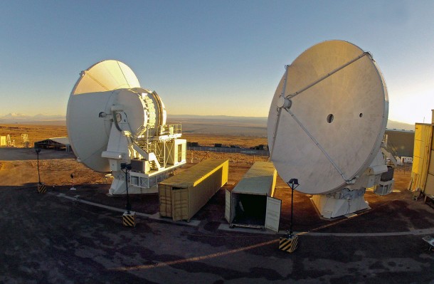 This picture shows the two final European antennas for the Atacama Large Millimeter/submillimeter Array (ALMA) project shortly before acceptance and handover of the last of ALMA’s 66 antennas in September 2013. The 12-metre-diameter dishes were manufactured by the European AEM Consortium. The final antenna appears on the right and the penultimate, number 24, on the left. This picture was taken from a hexacoptor using a camera weighing just 200 grams. Credit: EFE/Ariel Marinkovic This picture shows the two final European antennas for the Atacama Large Millimeter/submillimeter Array (ALMA) project shortly before acceptance and handover of the last of ALMA’s 66 antennas in September 2013. The 12-metre-diameter dishes were manufactured by the European AEM Consortium. The final antenna appears on the right and the penultimate, number 24, on the left. This picture was taken from a hexacoptor using a camera weighing just 200 grams. Credit: EFE/Ariel Marinkovic