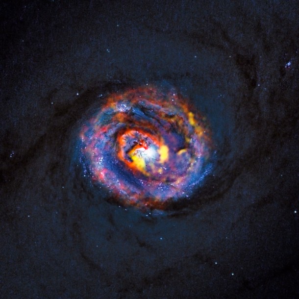 This detailed view shows the central parts of the nearby active galaxy NGC 1433. The dim blue background image, showing the central dust lanes of this galaxy, comes from the NASA/ESA Hubble Space Telescope. The coloured structures near the centre are from recent ALMA observations that have revealed a spiral shape, as well as an unexpected outflow, for the first time. Credit: ALMA (ESO/NAOJ/NRAO)/NASA/ESA/F. Combes This detailed view shows the central parts of the nearby active galaxy NGC 1433. The dim blue background image, showing the central dust lanes of this galaxy, comes from the NASA/ESA Hubble Space Telescope. The coloured structures near the centre are from recent ALMA observations that have revealed a spiral shape, as well as an unexpected outflow, for the first time. Credit: ALMA (ESO/NAOJ/NRAO)/NASA/ESA/F. Combes