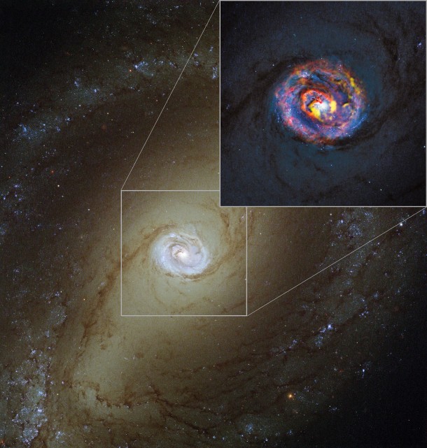 The main image, showing the nearby active galaxy NGC 1433, comes from the NASA/ESA Hubble Space Telescope. The coloured structures near the centre shown in the insert are from recent ALMA observations that have revealed a spiral shape, as well as an unexpected outflow, for the first time. Credit: ALMA (ESO/NAOJ/NRAO)/NASA/ESA/F. Combes The main image, showing the nearby active galaxy NGC 1433, comes from the NASA/ESA Hubble Space Telescope. The coloured structures near the centre shown in the insert are from recent ALMA observations that have revealed a spiral shape, as well as an unexpected outflow, for the first time. Credit: ALMA (ESO/NAOJ/NRAO)/NASA/ESA/F. Combes