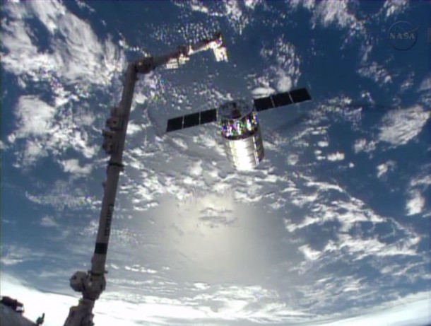 Expedition 37 crew members aboard the International Space Station released Orbital Sciences' Cygnus spacecraft from the station's robotic arm at 7:31 a.m. EDT Tuesday. Image Credit: NASA TV Expedition 37 crew members aboard the International Space Station released Orbital Sciences' Cygnus spacecraft from the station's robotic arm at 7:31 a.m. EDT Tuesday. Image Credit: NASA TV