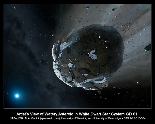 This is an artist's impression of a rocky and water-rich asteroid being torn apart by the strong gravity of the white dwarf star GD 61. Similar objects in our solar system likely delivered the bulk of water on Earth and represent the building blocks of the terrestrial planets. Artwork Credit: NASA, ESA, M.A. Garlick (space-art.co.uk), University of Warwick, and University of Cambridge Science Credit: NASA, ESA, J. Farihi (University of Cambridge), B. Gänsicke (University of Warwick), and D. Koester (University of Kiel) This is an artist's impression of a rocky and water-rich asteroid being torn apart by the strong gravity of the white dwarf star GD 61. Similar objects in our solar system likely delivered the bulk of water on Earth and represent the building blocks of the terrestrial planets. Artwork Credit: NASA, ESA, M.A. Garlick (space-art.co.uk), University of Warwick, and University of Cambridge Science Credit: NASA, ESA, J. Farihi (University of Cambridge), B. Gänsicke (University of Warwick), and D. Koester (University of Kiel)