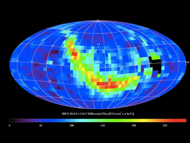 IBEX discovered a giant ribbon at the edge of the solar system, an anomaly that has now been determined to be a reflection where solar wind particles heading out into interstellar space are reflected back into the solar system by a galactic magnetic field. Image Credit: NASA/IBEX IBEX discovered a giant ribbon at the edge of the solar system, an anomaly that has now been determined to be a reflection where solar wind particles heading out into interstellar space are reflected back into the solar system by a galactic magnetic field. Image Credit: NASA/IBEX