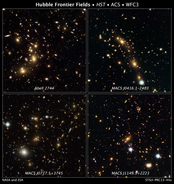 These are NASA Hubble Space Telescope natural-color images of four target galaxy clusters that are part of an ambitious new observing program called The Frontier Fields. Credit NASA/ESA/J. Lotz & M. Mountain,STScI These are NASA Hubble Space Telescope natural-color images of four target galaxy clusters that are part of an ambitious new observing program called The Frontier Fields. Credit NASA/ESA/J. Lotz & M. Mountain,STScI