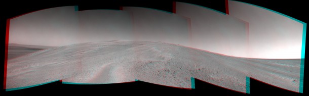 NASA's Mars Exploration Rover Opportunity captured this stereo view after beginning to ascend the northwestern slope of "Solander Point" on the western rim of Endeavour Crater. The image appears three-dimensional when viewed through red-blue glasses with the red lens on left. Image credit: NASA/JPL-Caltech NASA's Mars Exploration Rover Opportunity captured this stereo view after beginning to ascend the northwestern slope of "Solander Point" on the western rim of Endeavour Crater. The image appears three-dimensional when viewed through red-blue glasses with the red lens on left. Image credit: NASA/JPL-Caltech