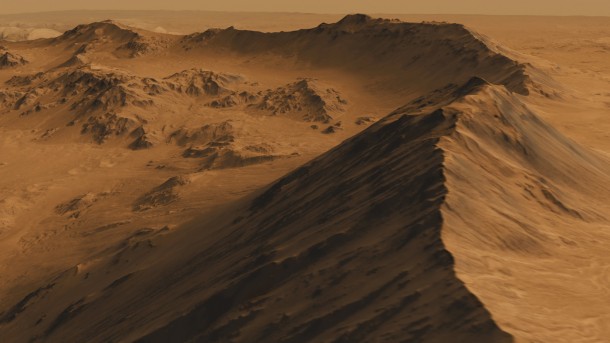 This is a screen shot from a high-definition simulated movie of Mojave Crater on Mars, based on images taken by the High Resolution Imaging Science Experiment (HiRISE) camera on NASA's Mars Reconnaissance Orbiter. Image Credit: NASA/JPL-Caltech/Univ. of Arizona This is a screen shot from a high-definition simulated movie of Mojave Crater on Mars, based on images taken by the High Resolution Imaging Science Experiment (HiRISE) camera on NASA's Mars Reconnaissance Orbiter. Image Credit: NASA/JPL-Caltech/Univ. of Arizona