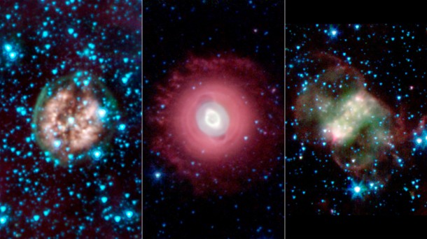 This trio of ghostly images from NASA's Spitzer Space Telescope shows the disembodied remains of dying stars called planetary nebulas. Image Credit: NASA/JPL-Caltech/Harvard-Smithsonian CfA This trio of ghostly images from NASA's Spitzer Space Telescope shows the disembodied remains of dying stars called planetary nebulas. Image Credit: NASA/JPL-Caltech/Harvard-Smithsonian CfA
