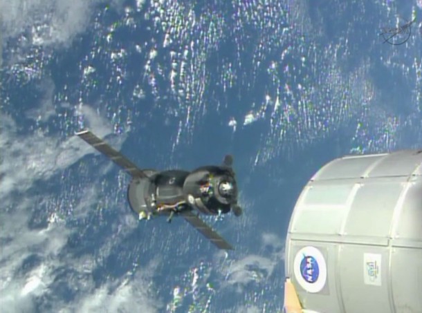The Soyuz TMA-09M under the command of Expedition 37 Commander Fyodor Yurchikhin backs away from the International Space Station's Rassvet module for a flyaround to the aft port of the Zvezda service module. . Image Credit: NASA TV The Soyuz TMA-09M under the command of Expedition 37 Commander Fyodor Yurchikhin backs away from the International Space Station's Rassvet module for a flyaround to the aft port of the Zvezda service module. . Image Credit: NASA TV