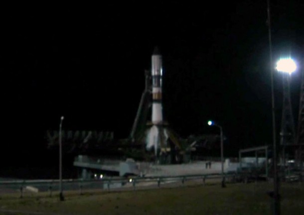 The ISS Progress 53 resupply ship atop a Soyuz booster awaits liftoff from the Site 31 launch pad at the Baikonur Cosmodrome in Kazakhstan. Image Credit: NASA TV The ISS Progress 53 resupply ship atop a Soyuz booster awaits liftoff from the Site 31 launch pad at the Baikonur Cosmodrome in Kazakhstan. Image Credit: NASA TV