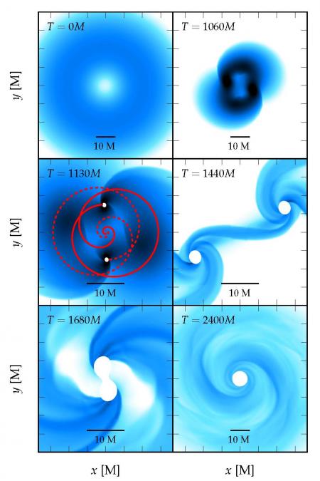 The various stages encountered during the collapse of a fragmenting supermassive star. Each panel shows the density distribution in the equatorial plane. The star is so rapidly spinning that the configuration at the onset of the collapse (upper left panel) is quasi-toroidal (the maximum density is off-centered thus producing a ring of maximum density). The simulation ends after the black hole has settled (lower right panel). Credit: Christian Reisswig/Caltech The various stages encountered during the collapse of a fragmenting supermassive star. Each panel shows the density distribution in the equatorial plane. The star is so rapidly spinning that the configuration at the onset of the collapse (upper left panel) is quasi-toroidal (the maximum density is off-centered thus producing a ring of maximum density). The simulation ends after the black hole has settled (lower right panel). Credit: Christian Reisswig/Caltech