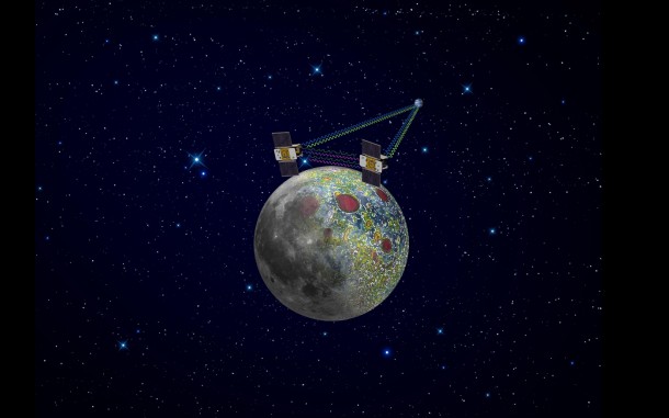 Using a precision formation-flying technique, the twin GRAIL spacecraft mapped the moon's gravity field, as depicted in this artist's rendering. Image credit: NASA/JPL-Caltech Using a precision formation-flying technique, the twin GRAIL spacecraft mapped the moon's gravity field, as depicted in this artist's rendering. Image credit: NASA/JPL-Caltech