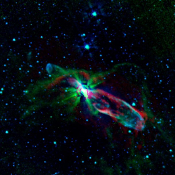 Combined observations from NASA's Spitzer Space Telescope and the newly completed Atacama Large Millimeter/submillimeter Array (ALMA) in Chile have revealed the throes of stellar birth, as never before, in the well-studied object known as HH 46/47. Image credit: NASA/JPL-Caltech/ALMA Combined observations from NASA's Spitzer Space Telescope and the newly completed Atacama Large Millimeter/submillimeter Array (ALMA) in Chile have revealed the throes of stellar birth, as never before, in the well-studied object known as HH 46/47. Image credit: NASA/JPL-Caltech/ALMA