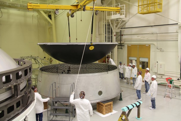 The diaphragm for Exploration Flight Test (EFT)-1 is joined to an adapter prototype for pressurized testing. Image Credit: NASA/MSFC The diaphragm for Exploration Flight Test (EFT)-1 is joined to an adapter prototype for pressurized testing. Image Credit: NASA/MSFC