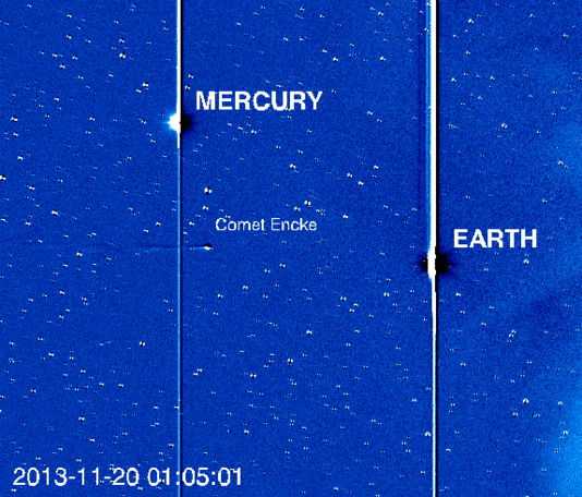Comet ISON appeared in the higher-resolution HI-1 camera on NASA's STEREO-A spacecraft. Dark "clouds" coming from the right are more dense areas in the solar wind, causing ripples in Comet Encke's tail. Using comet tails as tracers can provide valuable data about solar wind conditions near the sun. Image Credit: Karl Battams/NASA/STEREO/CIOC Comet ISON appeared in the higher-resolution HI-1 camera on NASA's STEREO-A spacecraft. Dark "clouds" coming from the right are more dense areas in the solar wind, causing ripples in Comet Encke's tail. Using comet tails as tracers can provide valuable data about solar wind conditions near the sun. Image Credit: Karl Battams/NASA/STEREO/CIOC