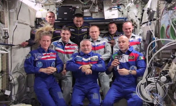 Nine International Space Station crew members got together inside the Destiny laboratory for a joint crew news conference Friday morning. This is the first time since October 2009 that nine people have resided on the station without the presence of a space shuttle. Image Credit: NASA TV Nine International Space Station crew members got together inside the Destiny laboratory for a joint crew news conference Friday morning. This is the first time since October 2009 that nine people have resided on the station without the presence of a space shuttle. Image Credit: NASA TV