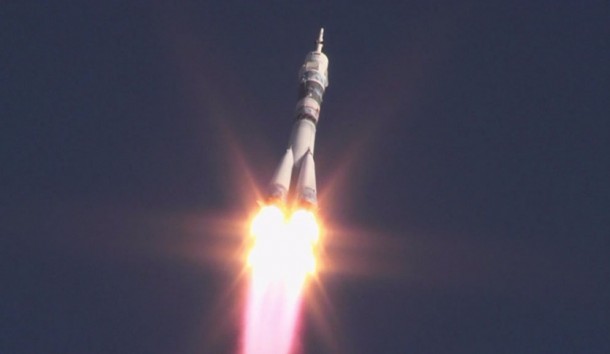 The Soyuz TMA-11M spacecraft heads to space seconds after launching on time from the Baikonur Cosmodrome, Kazakhstan. Image Credit: NASA TV The Soyuz TMA-11M spacecraft heads to space seconds after launching on time from the Baikonur Cosmodrome, Kazakhstan. Image Credit: NASA TV