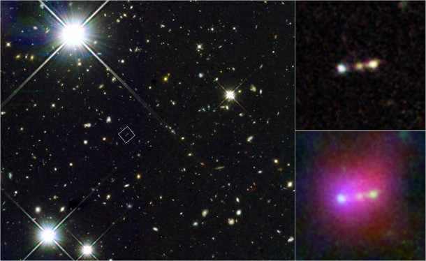 This composite color image of a giant primordial bubble of gas, dubbed Himiko (after the queen of ancient Japan), is assembled from Hubble, Subaru, and Spitzer data. The left panel shows the field around Himiko, as viewed by Hubble. The position of Himiko is marked with a square. Credit: NASA, ESA, ESO, NRAO, NAOJ, JAO, M. Ouchi (University of Tokyo), R. Ellis (California Institute of Technology), Y. Ono (University of Tokyo), K. Nakanishi (The Graduate University for Advanced Studies (SOKENDAI) and Joint ALMA Observatory), K. Kohno and R. Momose (University of Tokyo), Y. Kurono (Joint ALMA Observatory), M. Ashby (Harvard-Smithsonian Center for Astrophysics), K. Shimasaku (University of Tokyo), S. Willner and G. Fazio (Harvard-Smithsonian Center for Astrophysics), Y. Tamura (University of Tokyo), and D. Iono (National Astronomical Observatory of Japan) This composite color image of a giant primordial bubble of gas, dubbed Himiko (after the queen of ancient Japan), is assembled from Hubble, Subaru, and Spitzer data. The left panel shows the field around Himiko, as viewed by Hubble. The position of Himiko is marked with a square. Credit: NASA, ESA, ESO, NRAO, NAOJ, JAO, M. Ouchi (University of Tokyo), R. Ellis (California Institute of Technology), Y. Ono (University of Tokyo), K. Nakanishi (The Graduate University for Advanced Studies (SOKENDAI) and Joint ALMA Observatory), K. Kohno and R. Momose (University of Tokyo), Y. Kurono (Joint ALMA Observatory), M. Ashby (Harvard-Smithsonian Center for Astrophysics), K. Shimasaku (University of Tokyo), S. Willner and G. Fazio (Harvard-Smithsonian Center for Astrophysics), Y. Tamura (University of Tokyo), and D. Iono (National Astronomical Observatory of Japan)