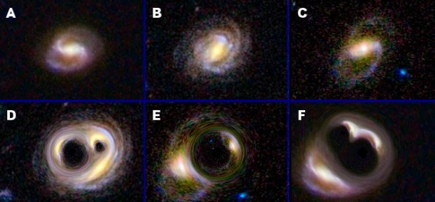 Can you match each galaxy in the top row with its warped counterpart in the bottom row? For example, is the warped version of galaxy A in box D, E, or F? Image Credit: UCL/NASA/JPL-Caltech Can you match each galaxy in the top row with its warped counterpart in the bottom row? For example, is the warped version of galaxy A in box D, E, or F? Image Credit: UCL/NASA/JPL-Caltech