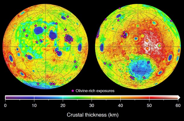 This graphic depicting the crustal thickness of the moon was generated using gravity data from NASA's GRAIL mission and topography data from NASA's Lunar Reconnaissance Orbiter. Image Credit: NASA/JPL-Caltech/ IPGP This graphic depicting the crustal thickness of the moon was generated using gravity data from NASA's GRAIL mission and topography data from NASA's Lunar Reconnaissance Orbiter. Image Credit: NASA/JPL-Caltech/ IPGP