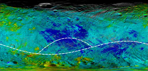 This colorized map from NASA's Dawn mission shows the types of rocks and minerals distributed around the surface of the giant asteroid Vesta. This colorized map from NASA's Dawn mission shows the types of rocks and minerals distributed around the surface of the giant asteroid Vesta.