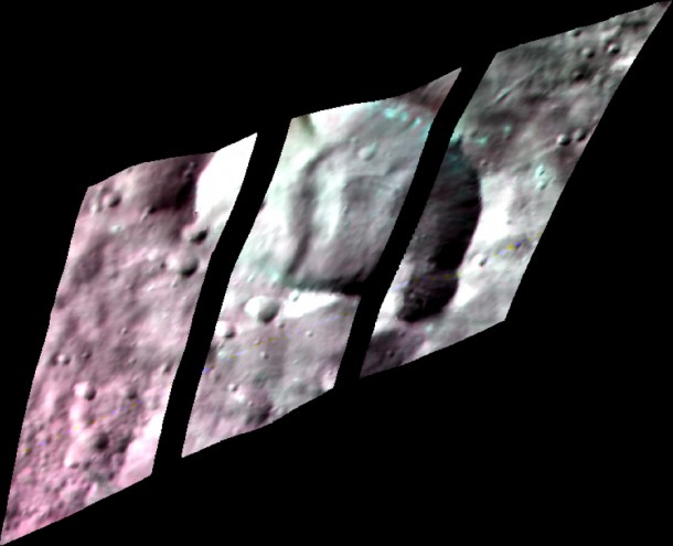 In this contrast-enhanced infrared image of Bellicia Crater on the giant asteroid Vesta, scientists from NASA's Dawn mission can see signs of the mineral olivine. Image credit: NASA/JPL-Caltech/UCLA/ASI/INAF In this contrast-enhanced infrared image of Bellicia Crater on the giant asteroid Vesta, scientists from NASA's Dawn mission can see signs of the mineral olivine. Image credit: NASA/JPL-Caltech/UCLA/ASI/INAF