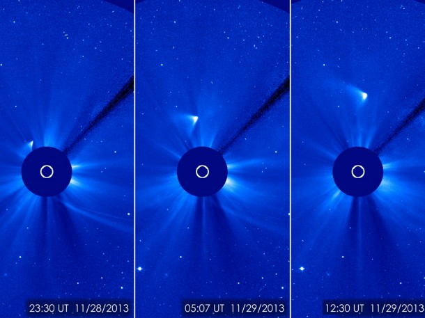 ISON appears as a white smear heading up and away from the sun. ISON was not visible during its closest approach to the sun, so many scientists thought it had disintegrated, but images like this one from the ESA/NASA Solar and Heliospheric Observatory suggest that a small nucleus may be intact. Image Credit: ESA/NASA/SOHO/GSFC ISON appears as a white smear heading up and away from the sun. ISON was not visible during its closest approach to the sun, so many scientists thought it had disintegrated, but images like this one from the ESA/NASA Solar and Heliospheric Observatory suggest that a small nucleus may be intact. Image Credit: ESA/NASA/SOHO/GSFC