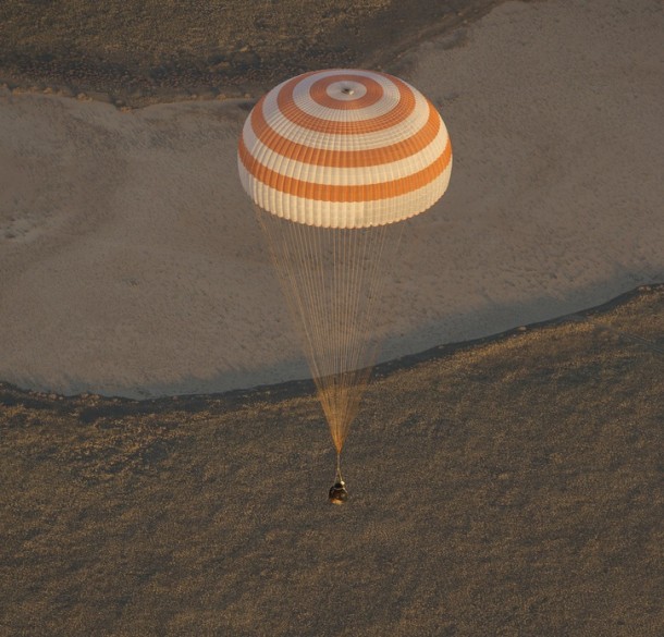 The Soyuz TMA-09M is seen moments before it lands in Kazakstan with the crew of Expedition 37. Image Credit: NASA/Carla Cioffi The Soyuz TMA-09M is seen moments before it lands in Kazakstan with the crew of Expedition 37. Image Credit: NASA/Carla Cioffi