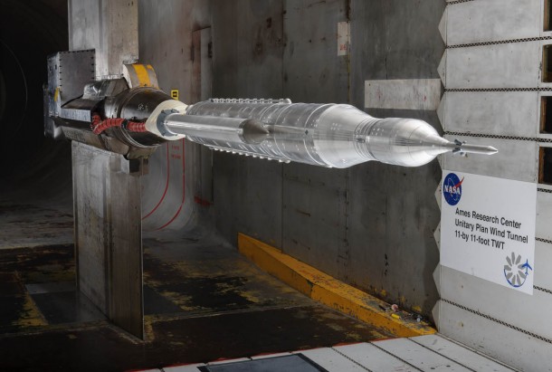 Wind tunnel testing of an SLS scale model at Ames Research Center. Image Credit: NASA/ARC/Dominic Hart Wind tunnel testing of an SLS scale model at Ames Research Center. Image Credit: NASA/ARC/Dominic Hart