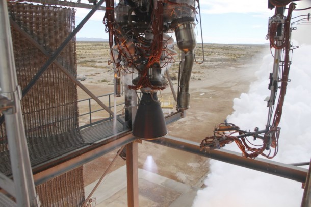 Blue Origin test fires a powerful new hydrogen- and oxygen-fueled American rocket engine at the company's West Texas facility in Van Horn. During the test, the BE-3 engine fired at full power for more than two minutes to simulate a launch, then paused for about four minutes, mimicking a coast through space before it re-ignited for a brief final burn. The last phase of the test covered the work the engine could perform in landing the booster back softly on Earth. Blue Origin, a partner of NASA’s Commercial Crew Program, is developing its Orbital Launch Vehicle, which could eventually be used to launch the company's Space Vehicle into orbit to transport crew and cargo to low-Earth orbit. (Photo Credit: NASA/Lauren Harnett) Blue Origin test fires a powerful new hydrogen- and oxygen-fueled American rocket engine at the company's West Texas facility in Van Horn. During the test, the BE-3 engine fired at full power for more than two minutes to simulate a launch, then paused for about four minutes, mimicking a coast through space before it re-ignited for a brief final burn. The last phase of the test covered the work the engine could perform in landing the booster back softly on Earth. Blue Origin, a partner of NASA’s Commercial Crew Program, is developing its Orbital Launch Vehicle, which could eventually be used to launch the company's Space Vehicle into orbit to transport crew and cargo to low-Earth orbit. (Photo Credit: NASA/Lauren Harnett)