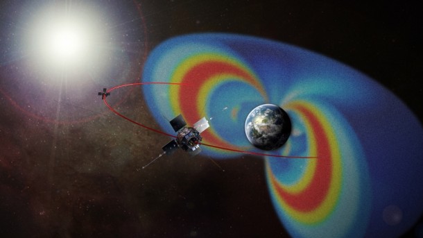 The twin Van Allen Probes circle through the radiation belts surrounding Earth to help scientists study what processes can accelerate particles there near to the speed of light. Image Credit: NASA The twin Van Allen Probes circle through the radiation belts surrounding Earth to help scientists study what processes can accelerate particles there near to the speed of light. Image Credit: NASA