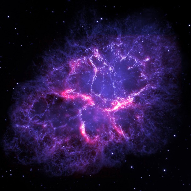 Herschel (red) and Hubble (blue) composite image of the Crab Nebula. Credit: ESA/Herschel/PACS/MESS Key Programme Supernova Remnant Team; NASA, ESA and Allison Loll/Jeff Hester (Arizona State University) Herschel (red) and Hubble (blue) composite image of the Crab Nebula. Credit: ESA/Herschel/PACS/MESS Key Programme Supernova Remnant Team; NASA, ESA and Allison Loll/Jeff Hester (Arizona State University)