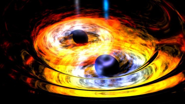 Two black holes are entwined in a gravitational tango in this artist's conception. Supermassive black holes at the hearts of galaxies are thought to form through the merging of smaller, yet still massive black holes, such as the ones depicted here. Image credit: NASA/JPL Two black holes are entwined in a gravitational tango in this artist's conception. Supermassive black holes at the hearts of galaxies are thought to form through the merging of smaller, yet still massive black holes, such as the ones depicted here. Image credit: NASA/JPL