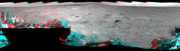 NASA's Mars rover Curiosity captured this stereo view using its Navigation Camera (Navcam) after a 17-foot (5.3 meter) drive on 477th Martian day, or sol, of the rover's work on Mars (Dec. 8, 2013). The scene appears three dimensional when viewed through red-blue glasses with the red lens on the left. It spans 360 degrees, with south at the center and north at both ends. Credit: NASA/JPL-Caltech NASA's Mars rover Curiosity captured this stereo view using its Navigation Camera (Navcam) after a 17-foot (5.3 meter) drive on 477th Martian day, or sol, of the rover's work on Mars (Dec. 8, 2013). The scene appears three dimensional when viewed through red-blue glasses with the red lens on the left. It spans 360 degrees, with south at the center and north at both ends. Credit: NASA/JPL-Caltech