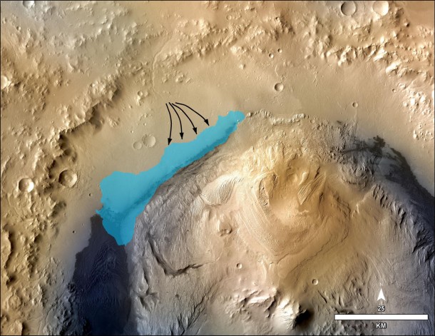This illustration depicts a concept for the possible extent of an ancient lake inside Gale Crater. Image credit: NASA/JPL-Caltech/MSSS This illustration depicts a concept for the possible extent of an ancient lake inside Gale Crater. Image credit: NASA/JPL-Caltech/MSSS