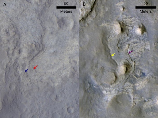 Images of locations in Gale Crater taken from orbit around Mars reveal evidence of erosion in recent geological times and development of small scarps, or vertical surfaces. Image credit: NASA/JPL-Caltech/Univ. of Arizona Images of locations in Gale Crater taken from orbit around Mars reveal evidence of erosion in recent geological times and development of small scarps, or vertical surfaces. Image credit: NASA/JPL-Caltech/Univ. of Arizona