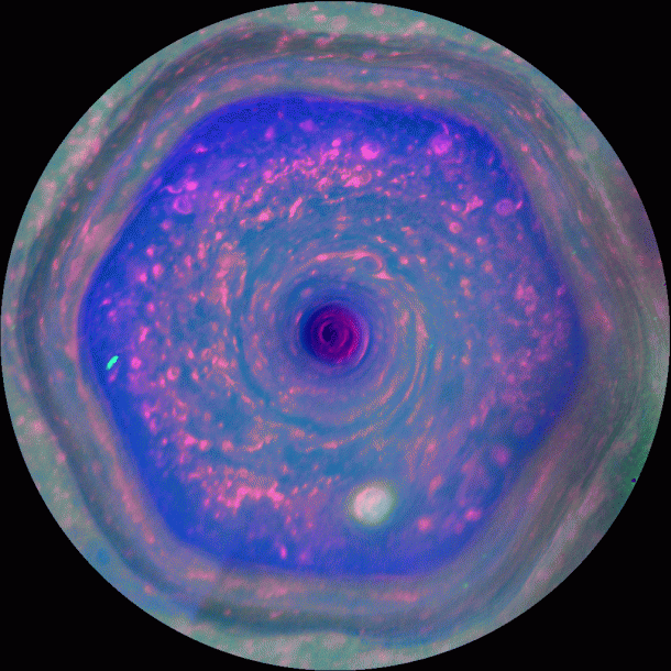 This colorful view from NASA's Cassini mission is the highest-resolution view of the unique six-sided jet stream at Saturn's north pole known as "the hexagon." This movie, made from images obtained by Cassini's imaging cameras, is the first to show the hexagon in color filters, and the first movie to show a complete view from the north pole down to about 70 degrees north latitude. Image credit: NASA/JPL-Caltech/SSI/Hampton This colorful view from NASA's Cassini mission is the highest-resolution view of the unique six-sided jet stream at Saturn's north pole known as "the hexagon." This movie, made from images obtained by Cassini's imaging cameras, is the first to show the hexagon in color filters, and the first movie to show a complete view from the north pole down to about 70 degrees north latitude. Image credit: NASA/JPL-Caltech/SSI/Hampton