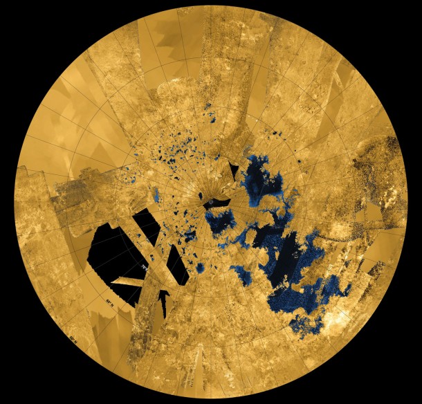 This colorized mosaic from NASA's Cassini mission shows the most complete view yet of Titan's northern land of lakes and seas. Saturn's moon Titan is the only world in our solar system other than Earth that has stable liquid on its surface. The liquid in Titan's lakes and seas is mostly methane and ethane. Image credit: NASA/JPL-Caltech/ASI/USGS This colorized mosaic from NASA's Cassini mission shows the most complete view yet of Titan's northern land of lakes and seas. Saturn's moon Titan is the only world in our solar system other than Earth that has stable liquid on its surface. The liquid in Titan's lakes and seas is mostly methane and ethane. Image credit: NASA/JPL-Caltech/ASI/USGS