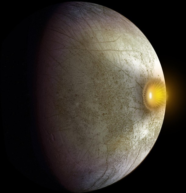 This artist's concept shows a possible explosion resulting from a high-speed collision between a space rock and Jupiter's moon Europa. Image credit: NASA/JPL-Caltech This artist's concept shows a possible explosion resulting from a high-speed collision between a space rock and Jupiter's moon Europa. Image credit: NASA/JPL-Caltech