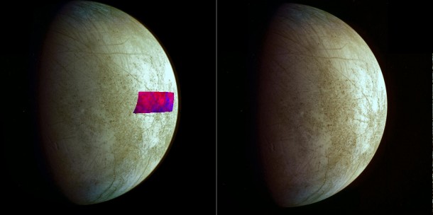 This image, using data from NASA's Galileo mission, shows the first detection of clay-like minerals on the surface of Jupiter's moon Europa. Image credit: NASA/JPL-Caltech/SETI This image, using data from NASA's Galileo mission, shows the first detection of clay-like minerals on the surface of Jupiter's moon Europa. Image credit: NASA/JPL-Caltech/SETI