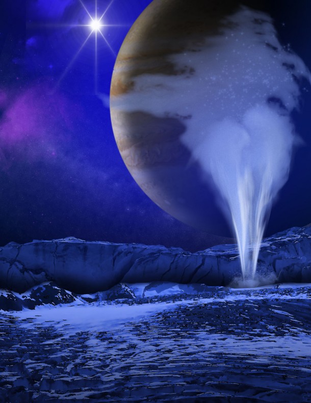 This is an artist's concept of a plume of water vapor thought to be ejected off the frigid, icy surface of the Jovian moon Europa, located about 500 million miles (800 million kilometers) from the sun. Image Credit: NASA/ESA/K. Retherford/SWRI This is an artist's concept of a plume of water vapor thought to be ejected off the frigid, icy surface of the Jovian moon Europa, located about 500 million miles (800 million kilometers) from the sun. Image Credit: NASA/ESA/K. Retherford/SWRI