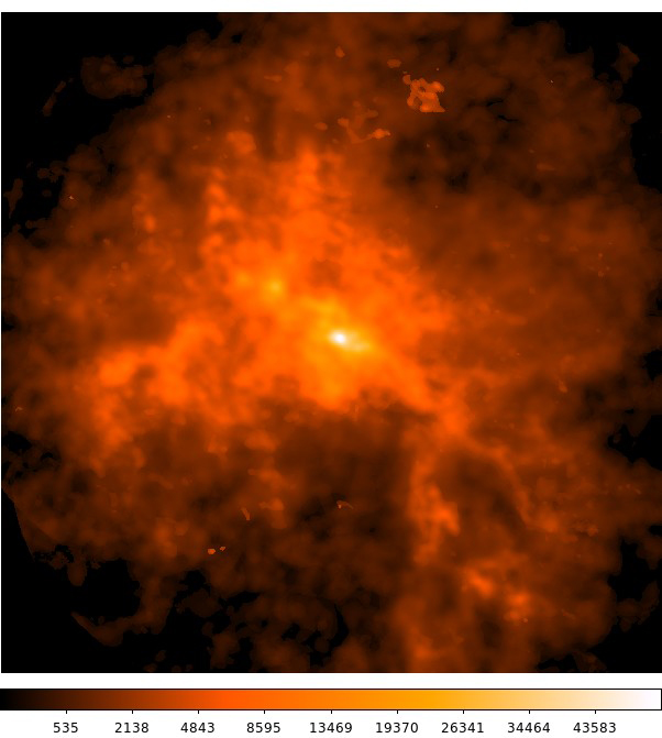 This image from the Smithsonian's Submillimeter Array maps the projected density of molecular gas in the central 30 light years of W49A. Brighter colors mark denser regions. The brightest region at the image center is less than three light-years across, yet it contains about 50,000 suns' worth of molecular gas. Roberto Galván-Madrid (ESO), Hauyu Baobab Liu (ASIAA, Taiwan), Tzu-Cheng Peng (ESO) This image from the Smithsonian's Submillimeter Array maps the projected density of molecular gas in the central 30 light years of W49A. Brighter colors mark denser regions. The brightest region at the image center is less than three light-years across, yet it contains about 50,000 suns' worth of molecular gas. Roberto Galván-Madrid (ESO), Hauyu Baobab Liu (ASIAA, Taiwan), Tzu-Cheng Peng (ESO)