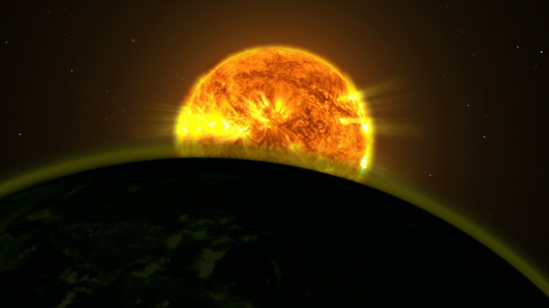 NASA scientists found faint signatures of water in the atmospheres of five distant planets orbiting three different stars. All five planets appear to be hazy. This illustration shows a star's light illuminating the atmosphere of a planet. Image Credit: NASA's Goddard Space Flight Center NASA scientists found faint signatures of water in the atmospheres of five distant planets orbiting three different stars. All five planets appear to be hazy. This illustration shows a star's light illuminating the atmosphere of a planet. Image Credit: NASA's Goddard Space Flight Center