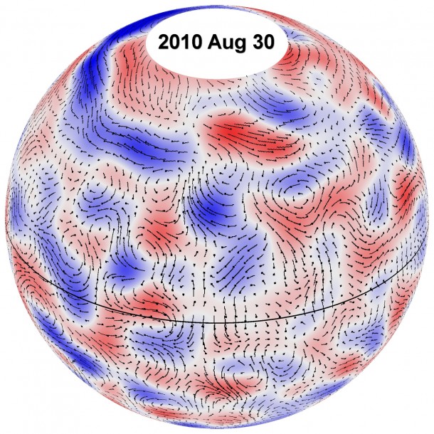 Data from the Helioseismic and Magnetic Imager on NASA's Solar Dynamics Observatory reveals giant cells on the sun with convective motion that creates areas of high and low pressure patterns similar to Earth's weather, according to NASA Astrophysicist Dr. David Hathaway. Image Credit: NASA/MSFC/David Hathaway Data from the Helioseismic and Magnetic Imager on NASA's Solar Dynamics Observatory reveals giant cells on the sun with convective motion that creates areas of high and low pressure patterns similar to Earth's weather, according to NASA Astrophysicist Dr. David Hathaway. Image Credit: NASA/MSFC/David Hathaway