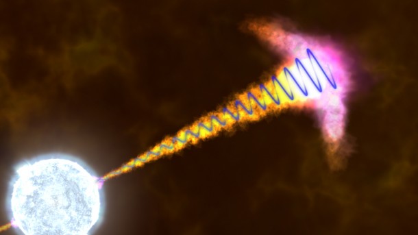 Theoretical models link the presence of strong and stable polarized light in a gamma-ray burst’s jet with a large-scale magnetic field (a blue spiral, in this illustration) originating from the newly-formed black hole. Image Credit: NASA's Goddard Space Flight Center/S. Wiessinger Theoretical models link the presence of strong and stable polarized light in a gamma-ray burst’s jet with a large-scale magnetic field (a blue spiral, in this illustration) originating from the newly-formed black hole. Image Credit: NASA's Goddard Space Flight Center/S. Wiessinger