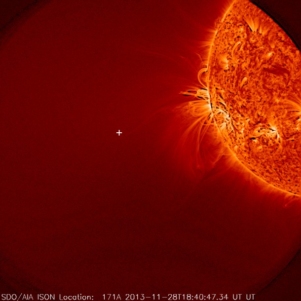 This image from NASA's Solar Dynamics Observatory shows the sun, but no Comet ISON was seen. A white plus sign shows where the Comet should have appeared. Image Credit: NASA/SDO This image from NASA's Solar Dynamics Observatory shows the sun, but no Comet ISON was seen. A white plus sign shows where the Comet should have appeared. Image Credit: NASA/SDO