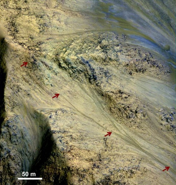 These images from the High Resolution Imaging Science Experiment (HiRISE) camera on NASA's Mars Reconnaissance Orbiter show how the appearance of dark markings on Martian slope changes with the seasons. Image Credit: NASA/JPL-Caltech/Univ. of Arizona These images from the High Resolution Imaging Science Experiment (HiRISE) camera on NASA's Mars Reconnaissance Orbiter show how the appearance of dark markings on Martian slope changes with the seasons. Image Credit: NASA/JPL-Caltech/Univ. of Arizona