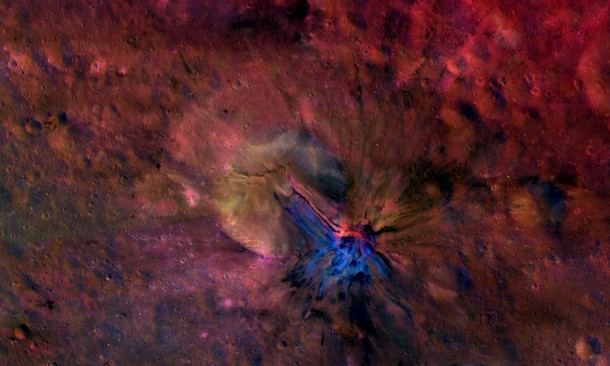 This colorful composite image from NASA's Dawn mission shows the flow of material inside and outside a crater called Aelia on the giant asteroid Vesta. Image Credit: NASA/JPL-Caltech/UCLAMPS/DLR/IDA This colorful composite image from NASA's Dawn mission shows the flow of material inside and outside a crater called Aelia on the giant asteroid Vesta. Image Credit: NASA/JPL-Caltech/UCLAMPS/DLR/IDA